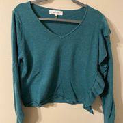 Womens John + Jenn Teal Ruffle V-Neck Wool Blend Sweater Size XS