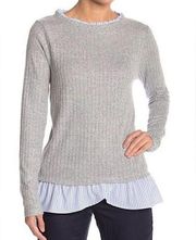 Olivia Sky Layered Look Ruffle Neck Gray Sweater Blue Stripes Women’s Size XS