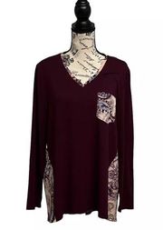 Chicos women burgundy Paisley Mixed Media Long Sleeves casual Tunic  size 2 L