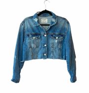 Pull&Bear Medium Wash Destructed Frayed Hem Cropped Denim Jacket