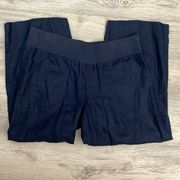 Navy Blue 100% Linen Elastic Waist Pull On Cropped Pants Size Medium