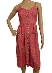 Indigo Rein Linen Red Button Through Double Pocket Cami Dress Size M