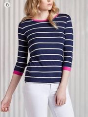 Tart navy blue stripe shirt with pink pop on neckline and cuffs, medium, EUC