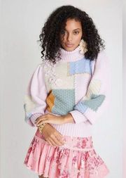 NWT Loveshackfancy ALLAN APPLIQUÉD PATCHWORK KNITTED TURTLENECK SWEATER IN PINK