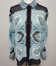 Inc International Concepts teal black damask sheer button down size 12