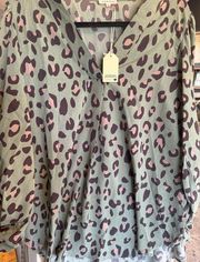 NWT Jodifl Leopard Print Top In Sage With A V-Neckline And Long Draped Bubble Sl