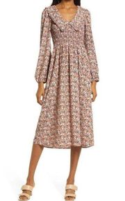 Charles Henry Midi Dress Womens M Multicolor Floral Smocked Persimmon Blossoms