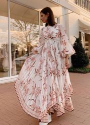 1 Women's Pink Corsage Orchid Print Pleated Midi Dress