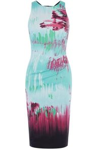 Karen Millen Green Brush Stroke Pencil Sheath Dress Cut Out Back NWT 4 Multi