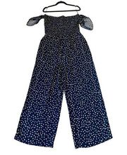 1 State navy dotted smocked waist jumpsuit ruffle sleeve large