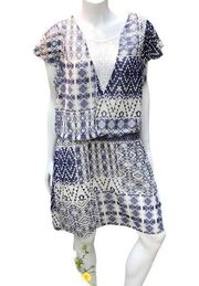 Bisou Bisou Geometric Print Lace V-Neck Dress Blue White Women's Size 14