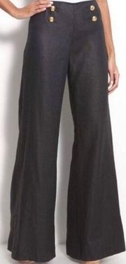 LAFAYETTE 148 NY | Black Linen Wide Leg Sailor Button Trouser Pants | Size 2