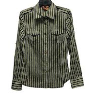 Tory Burch Womens Sz 8 Striped Navy Green Button Down Shirt Cotton Gold Buttons