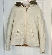 White Cream Quilted Puffer Jacket Coat Removable Faux Fur Hood Sz M