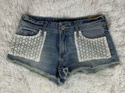 Hollister  Short-Short Low Rise Lace Pocket Raw Hem Blue Denim Jean Shorts 00 New