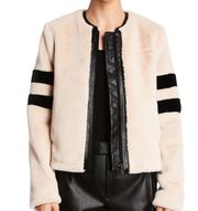 Bailey 44 Faux Leather Trim Fuzzy Bomber Jacket Beige Black Small