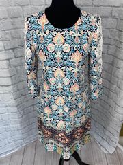 women S paisley floral print shift dress w/brocade sleeve multicolor