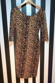 Retro Vibe  Leopard Print Midi Pin-Up Long Sleeve Wiggle Dress Size Small 2/4