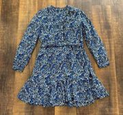 Lucky Brand Boho Blue Floral Ruffle Long Sleeve Dress Size Small
