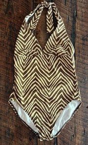 Talbots Brown and Tan halter neck style one piece bathing suit, Size 6