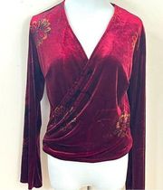 Clio Vintage Y2K Burgundy Velvet Floral Faux Wrap Top L