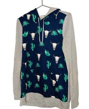 Cowboy Cactus Cow Skull Gray Blue Long Sleeve Pullover Hoodie size Medium