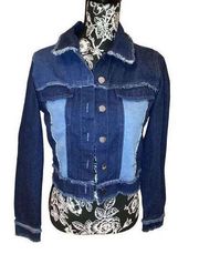 Shein Patchwork Style Denim Jean Jacket Colorblock Cowgirl Fringe Button Up