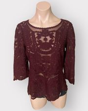 Alden Women’s Small Lace 3/4 Sleeve Burgundy Semi Sheer Blouse