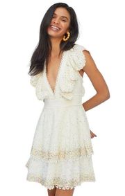 Ivory Eyelet Beaded Mini Dress Small Ruffles Plunge Anthropologie