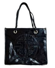 Antonio Melani Black Patent Faux Leather Logo Front Medium Tote Classic