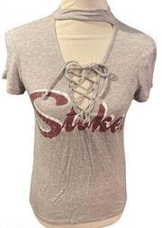 Adam Levine Women's Lace Up Stoked Gray Maroon T-Shirt Small