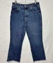 We The Free Crop Jeans Blue High-Rise Button-Fly Raw Hem Sz 31x25 Stretch