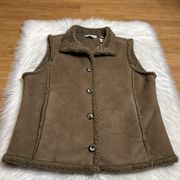 LL Bean Vest Womens Medium Brown Faux Suede Sherpa Lined Button Down Collared