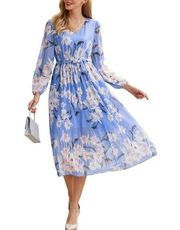 NEW GRACE KARIN Floral Maxi Dress V Neck Long Sleeve Ruffle Pleated L