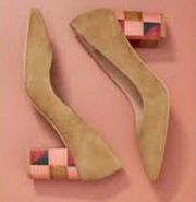 Anthropologie Ada Block Heels Leather Suede Beige Formal Shoes Pointed Toe Sz 8M