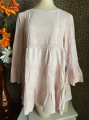 NWT  Pale Pink Floral Embroidery Flared Sleeve BabyDoll Top | SMALL |