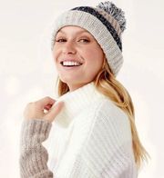 Wool Blend Beanie Winter Hat Striped with Pom Women's One Size NWT