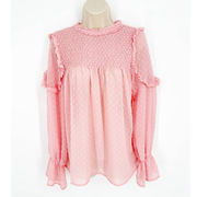 Iris Pink Ruffle Smocked Dotted Swiss Sheer Baby Doll Top NEW Womens Sz L