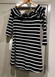 Sugar + Lips Black White Striped Off Shoulder Ruffle Anthropologie Dress Size M