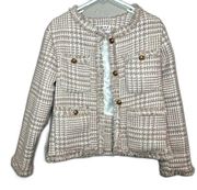 Beloved neutral pink fringe trim houndstooth tweed blazer size small