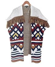 Tribal Knit Fringe Sleeveless Southwestern Cape Sweater Cream Red Small