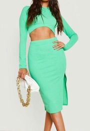 Boohoo  Skirt Set Womens Small 4 Green Crop Long Sleeve Top Co-ord Rib NWT