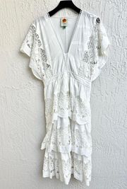 Farm Rio Richelier V-Neck Kimono Sleeves Tiered Lace Midi Dress Off-White Medium