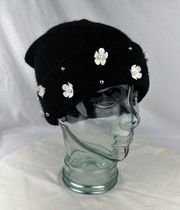 Torrid Womens Flower Pearl Studded Ribbed Knit Slouch Beanie Hat Black One Size