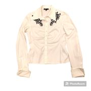 BCBGMaxmaria Womens Black White Embroidered Button up shirt Size Large   