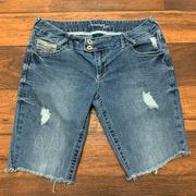 Blue Denim Shorts Flap Pockets Thick Stitch Distressed size 7