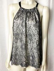 T Tahari Sleeveless Lace Overlay Halter Top size L Black Ivory