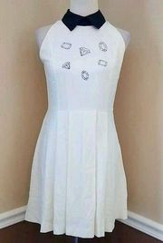 NEW Baby Polly ModCloth Ivory Black Collar Embroidered Gems Rockabilly Dress M-L
