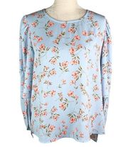 Cece Blouse Top Large Blue Pink Floral Tie Sleeves