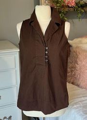 AK Anne Klein Strwtch Cotton Blouse Brown Shirt Womens Small Tank Top Collared